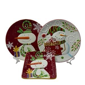 Pier 1 Imports | Set of 3 Hand Painted Snowman Christmas Plates Whimsical